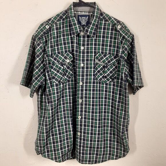 Akademiks Adult Mens Size 2XL Green Blue Plaid Button Up Short Sleeve Shirt - Picture 1 of 8